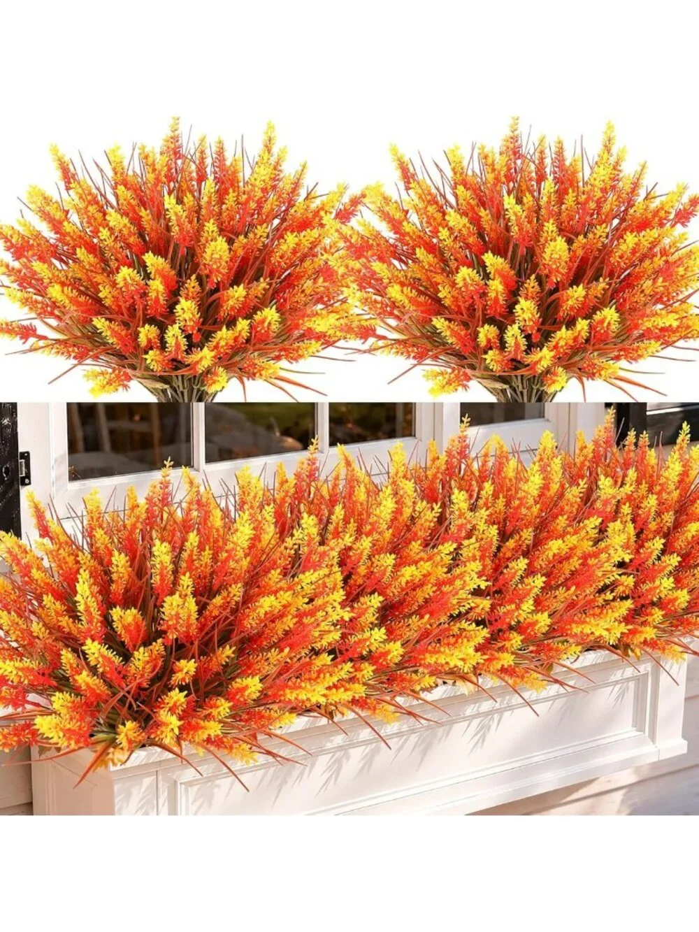 16 Bundles Fall Orange Lavender Flowers & Monkey Grass - UV Resistant Faux